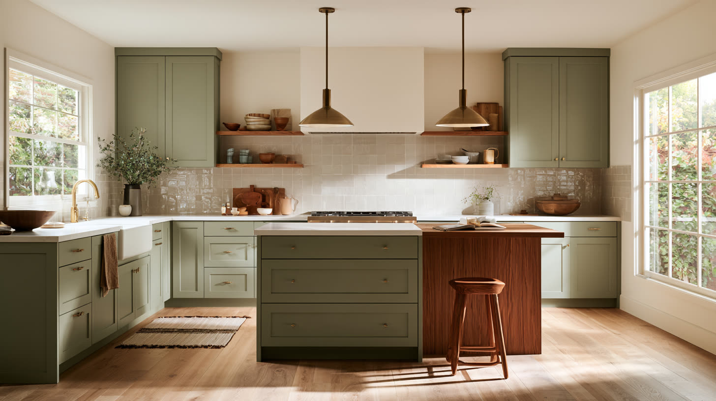 A finished kitchen with brass pendants over a white oak island