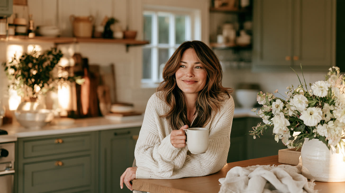 A homeowner with coffee in a finished sage-green kitchen